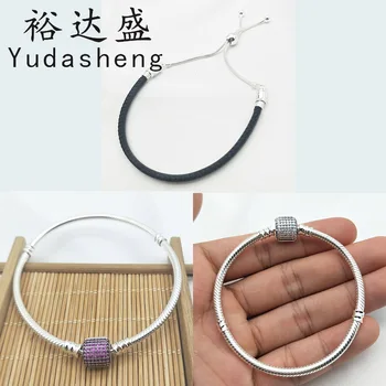

925 Sterling Silver Moments Black Leather Slider Bangle Sparkling Purple Clasp Snake Chain Bracelet
