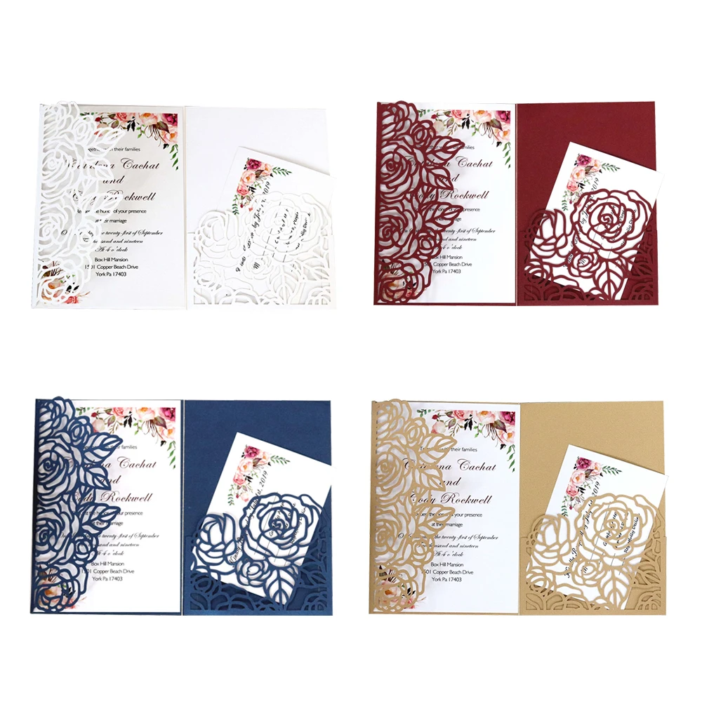  10Pcs Wedding Invitation Cards Floral Laser Cut Paper Cover Craft Envelopes Set - 4000077928276