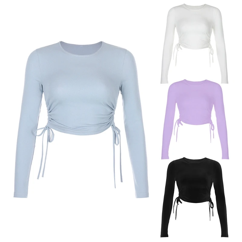 

Womens Autumn Long Sleeve O-Neck T-Shirt Ruched Side Drawstring Bandage Crop Top Solid Color Bodycon Slim Fitted Pullover Tee St