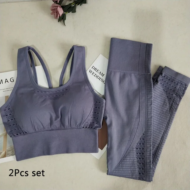Bluegray2pcsset Комплект из 2 предметов для йоги, бюстгальтер на бретельках+ Бесшовные Леггинсы с высокой талией, женская одежда для спортзала, фитнеса, комплект леггинсов для йоги, спортивная одежда для бега - Цвет: Bluegray2pcsset