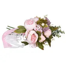 Свежий стиль, Искусственный Пион, свадебный букет с кружевной лентой, искусственный жемчуг для улицы, свадебные, церковные, вечерние, Декор