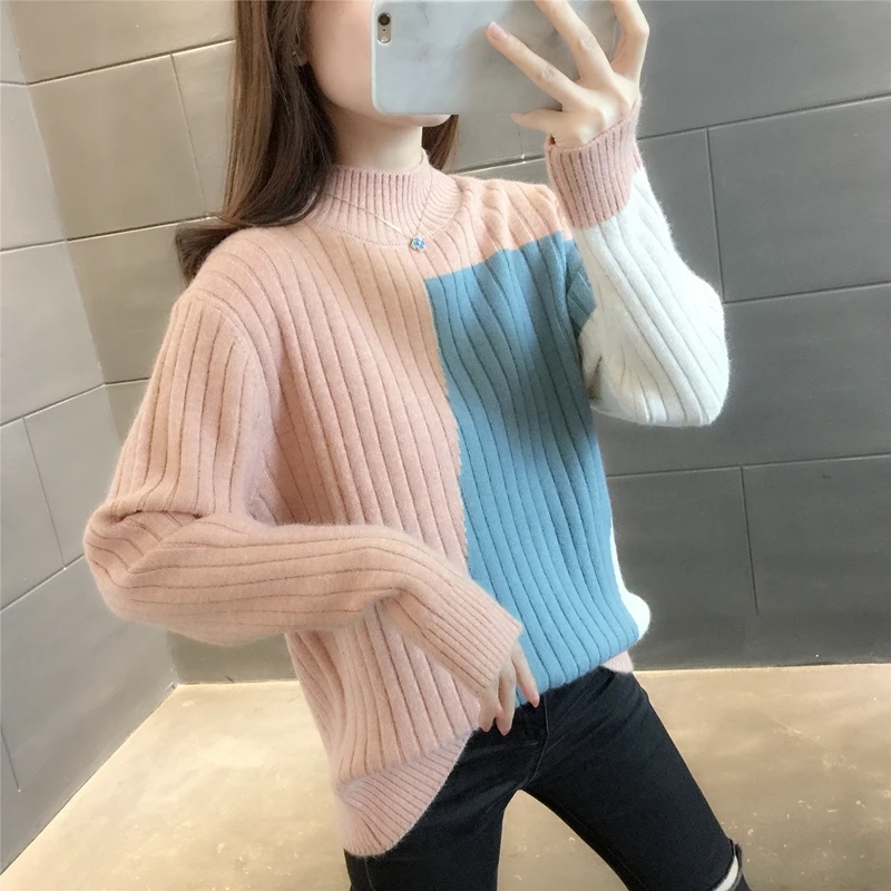 

Room 217061, row 3, No. 2 (top)] color matching vertical strip half high collar Pullover Sweater [1690] 47