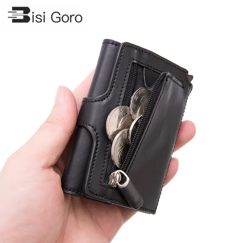 

Men RFID Button Credit Card Holder High Quality Metal Aluminum Auto Pop-up RFID Blocking ID Card Case Black Wallet Coin Purse