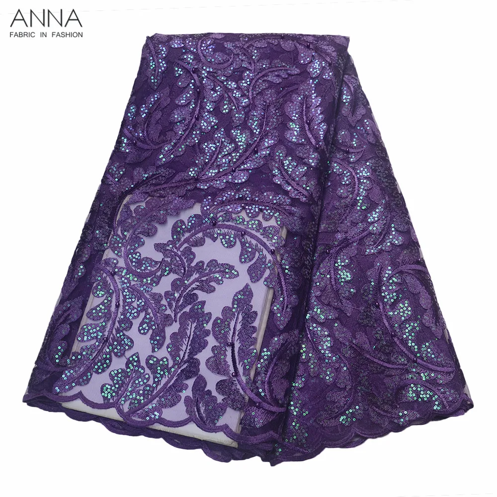 

Purple Nigerian Lace Fabric 2019 High Quality African Mesh Fabric French Sequins Fabrics Embroidery With Beads For Wedding dress