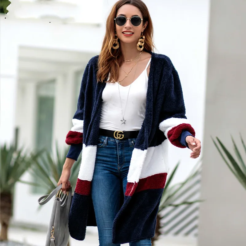 

2019 Long Cardigan Women Long Sleeve Contrast Color Plush Granule Plus Size Cardigan Loose Sweater