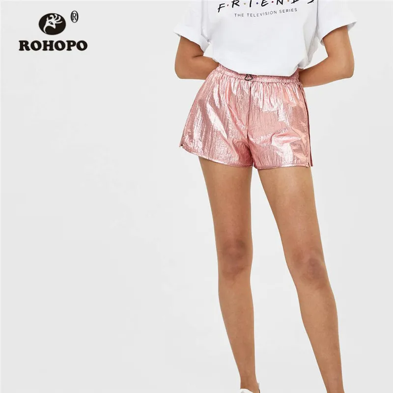 

ROHOPO Metalic Color Pink Skirt Shorts Elasticity Waist Flared Hem Ladies Holiday Solid Short Buttom #2278