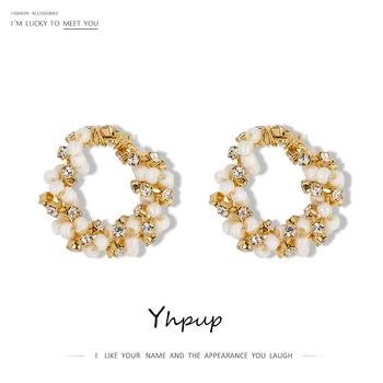 

Yhpup Korean Simulated Pearls Hollow Stud Earrings Exquisite Luxury Rhinestone Jewelry Statement Geometric Earrings for Women
