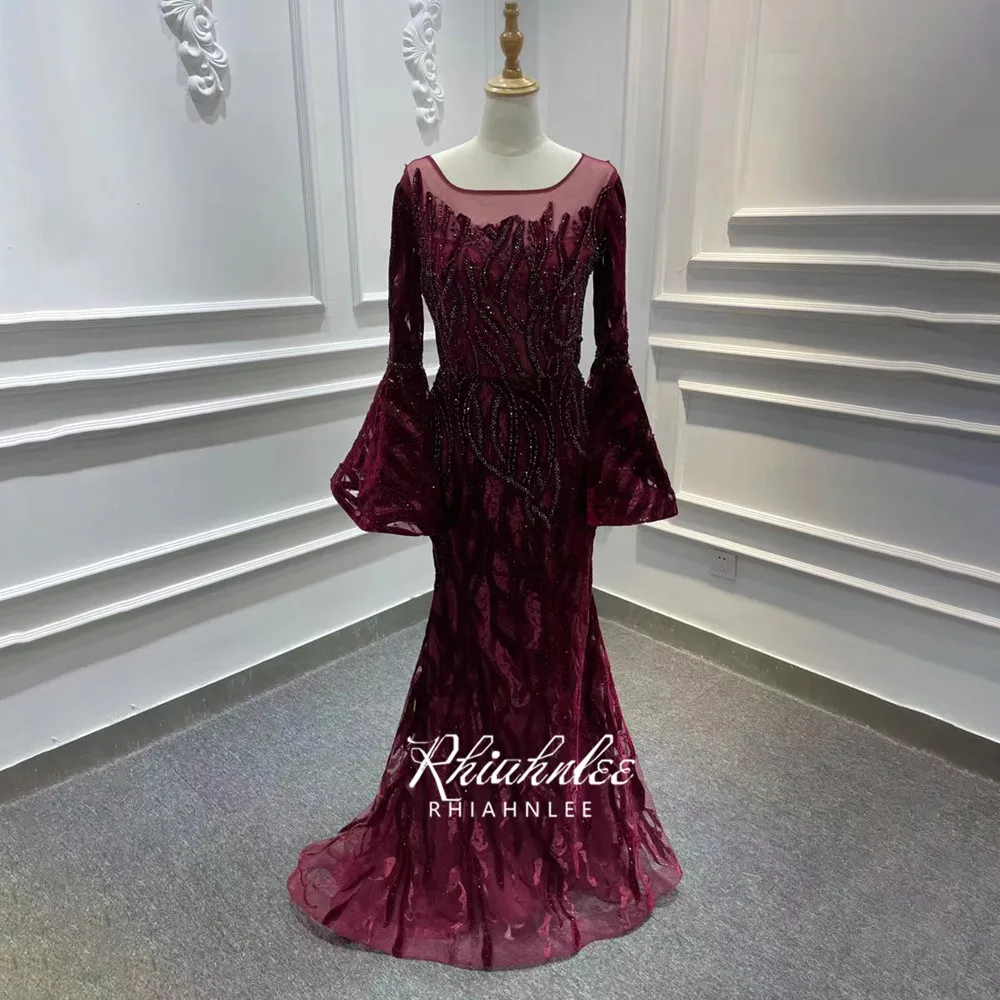 Long Sleeve Wine Red Mermaid Evening Dresses Luxury Dubai Beaded Muslim Formal Gowns Rhiahnlee evening dresses with sleeves