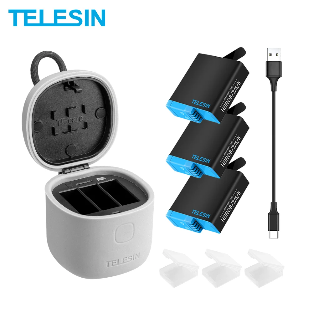 

TELESIN 3Pack Battery 3 Ways Charger With TF Card Reader Storage LED Light Charging Box for GoPro Hero 8 7 Black 6 5