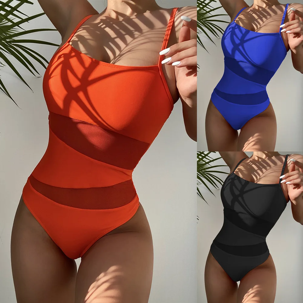 

2022 New One-Piece Womens Swimsuit Solid Color High Quality Hollow Mesh Stitching Sexy Bikinis Set Seaside Summer Woman Clothes