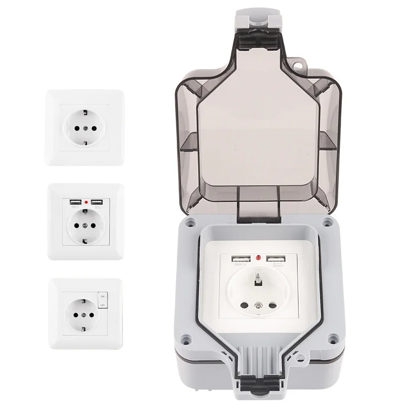 

IP66 Outdoor Weatherproof 16A Grounded 250V Waterproof Power Socket Wall Socket With Switch USB EU Germany Standard