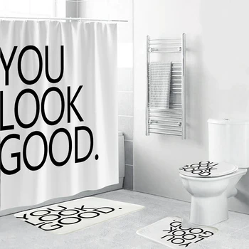 

‘YOU LOOK GOOD’ Quote Print White Shower Curtain Polyester Minimalist Bathroom Decoration Set 4 Piece Non-slip Mat Toilet Cover