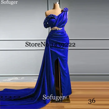 

Royal Blue Satin Evening Dresses Mermaid Off The Shoulder Beads Pleat Vestidos De Fiesta De Noche Robe De Soiree Plus Size