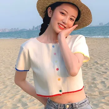 

Women's Patchwork Tops O-neck Button Short Section Exposed Navel Knitted Short-sleeved Summer Sweet T-shirt Cardigan Feme
