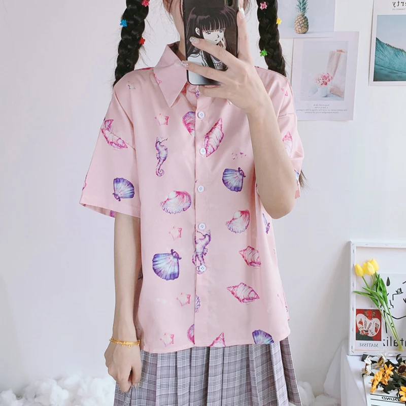 

New Summer Shirt Women Loose Short Sleeve Pink Shirts Cotton Harajuku Shirt Cartoon Conch Print Chiffon Shirts Female Blouse