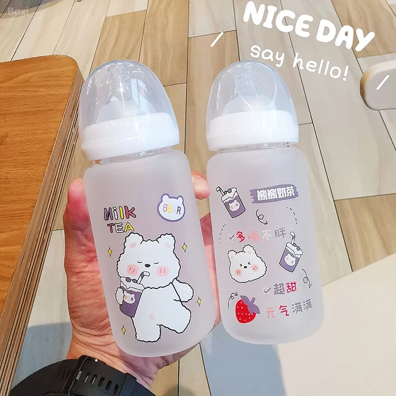 

Cute Kids Frosted Glass Water Bottle With Straw For Adults Women Portable Leak Proof Fashion Students Milk Tea Bear Drink Bottle