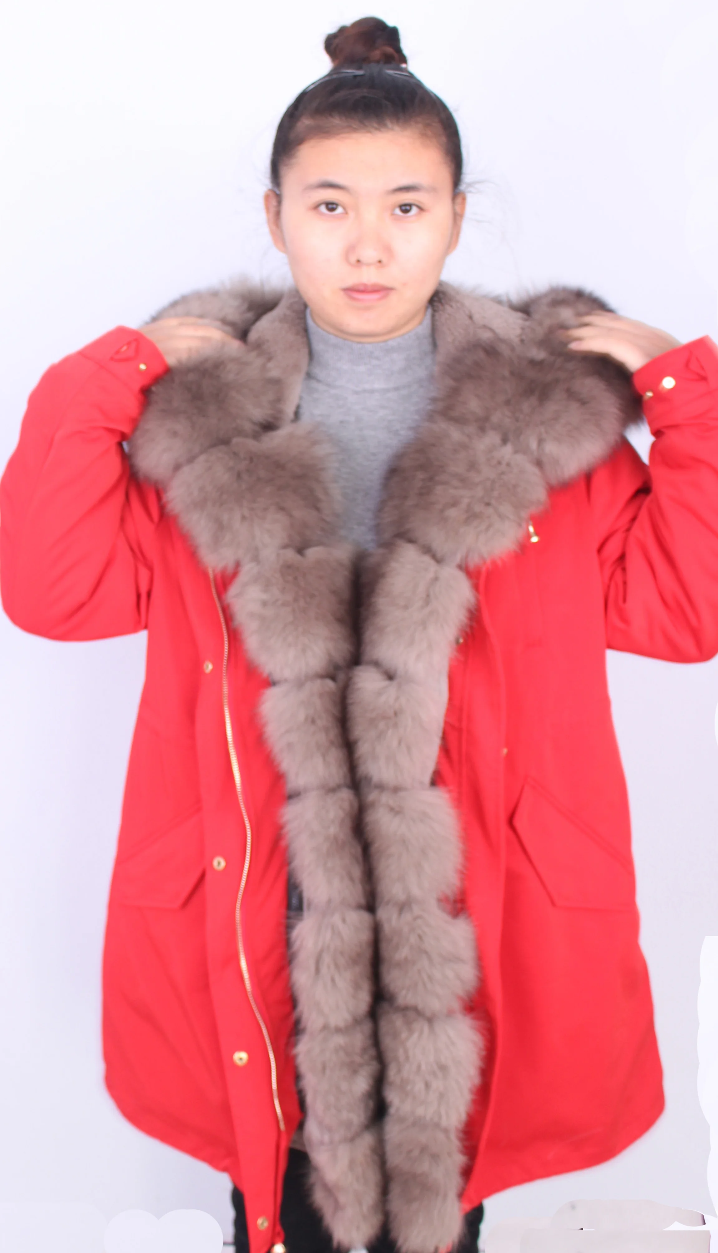 Linhaoshengyue, новинка, воротник из лисьего меха, куртка для парка, женское длинное пальто, Женское зимнее меховое пальто, пальто с подкладкой из кроличьего меха - Цвет: Красный