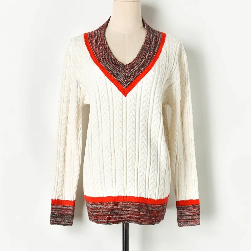 

Plus Size Runway Pullover V-neck Loose 2019 Autumn Knit Tops Twist Chic Casual Sweater White Women Jumper pull femme Outwear