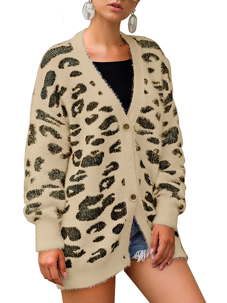 

Womens Leopard Cardigan Fuzzy Long Sleeve Winter Fall Oversized Chunky Knit Sweater