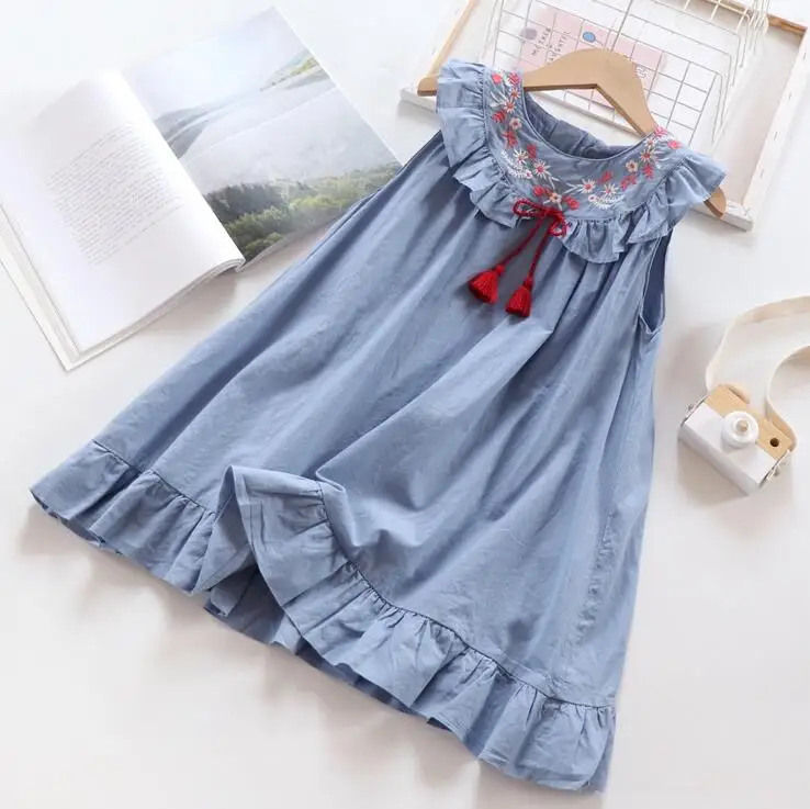 Летние хлопковые платья принцессы с вышивкой и кисточками для девочек, детское платье в национальном стиле, 5 шт./партия