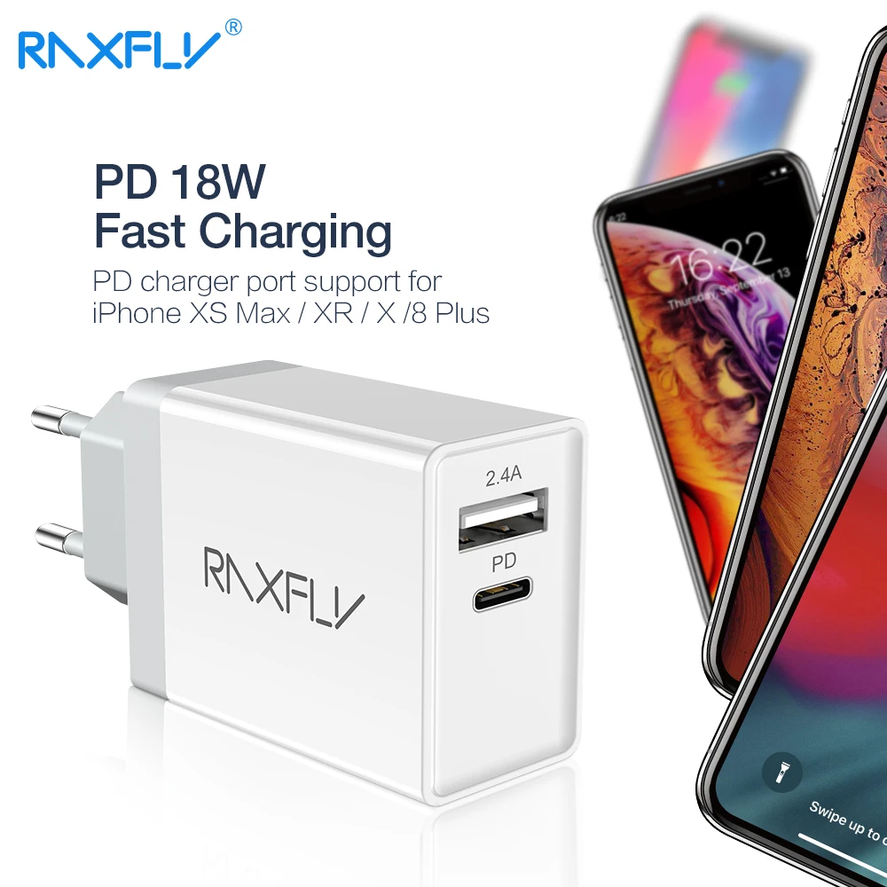 RAXFLY 18 Вт PD USB-C адаптер питания QC 3,0 быстрое зарядное устройство для iPhone 11 Pro Max X XR XS Max 8 Plus FCP USB двухпортовый адаптер type-C
