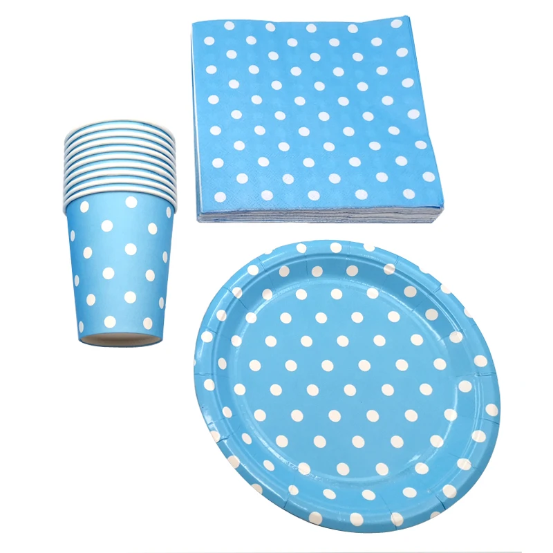 120PCS Light Blue Polka Dots Theme Kids Boy Favors Dishes Tableware Set Plates Cups Birthday Maps Baby Shower Party Napkins | Дом и сад