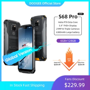 Перейти на Алиэкспресс и купить IP68 Водонепроницаемый DOOGEE S68 Pro прочный телефон Беспроводной зарядка NFC 6300 мА/ч, 12V2A зарядки 5,9 дюймов FHD + Helio P70 Octa Core 6 ГБ 128