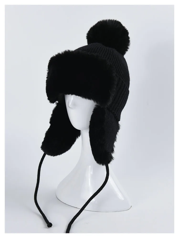 sheepskin bomber hat Autumn Winter Warm Fur Bomber Hats Women Knitting Caps With Cute Pom Ear Prorector Visor Caps For Girls carhartt bomber hat