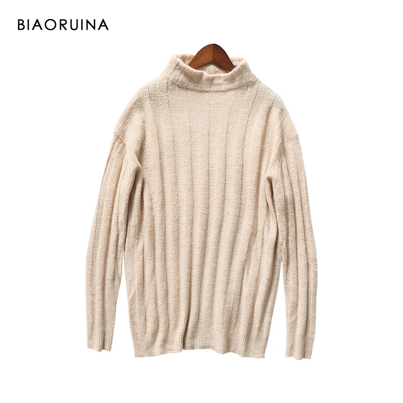 

BIAORUINA Women's Vertical Knit Casual Soft Turtleneck Sweater Female High Street Keep Warmpullover Elegant Loose Sweaters