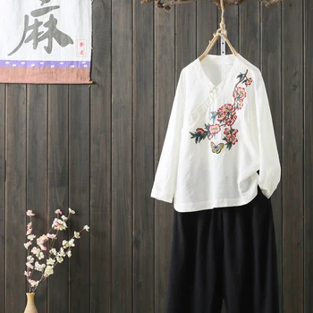 

2020 female national trend flower embroidered top long sleeve chinese style embroidery 100% cotton tops shirt for women
