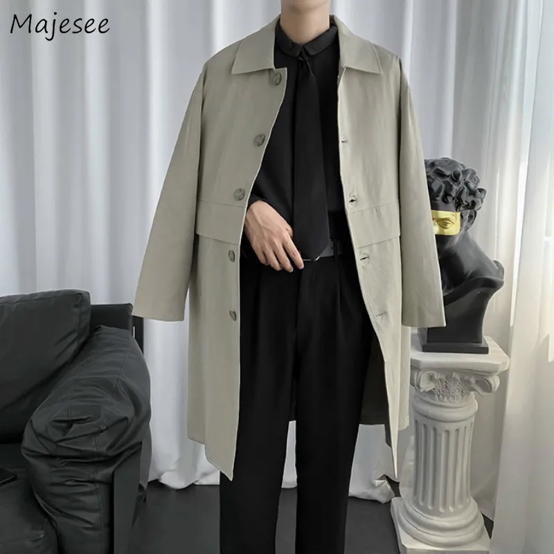 Trench de otoño para hombre, ropa larga lisa y Simple, negra, a la moda, informal, holgada, con botonadura única, combina con todo, estilo coreano