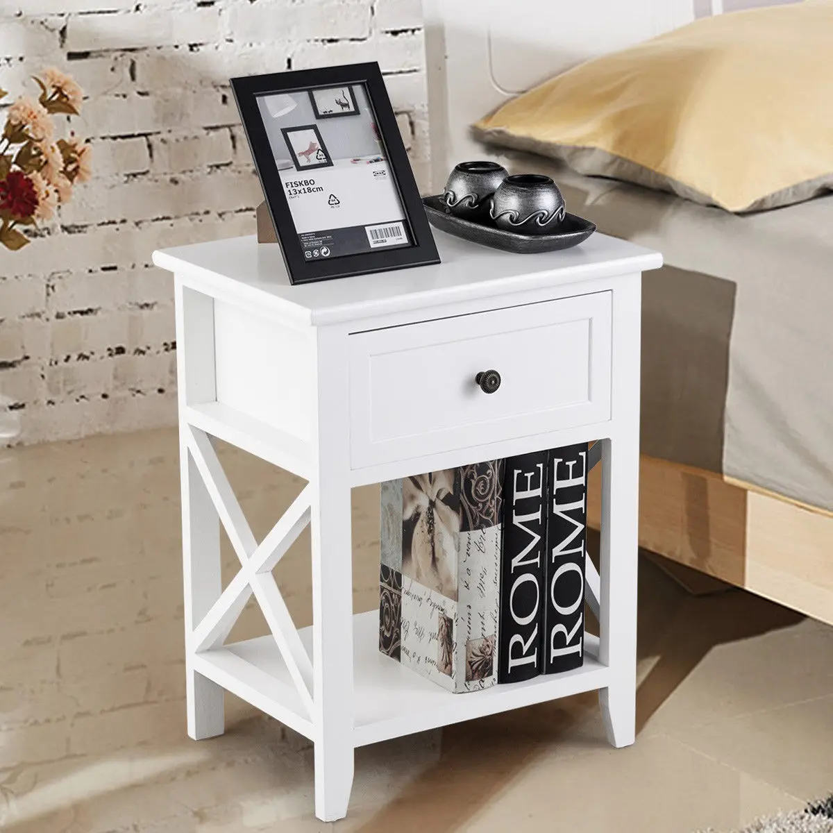 

Costway White End Bedside Table Nightstand Drawer Storage W/Bottom Shelf