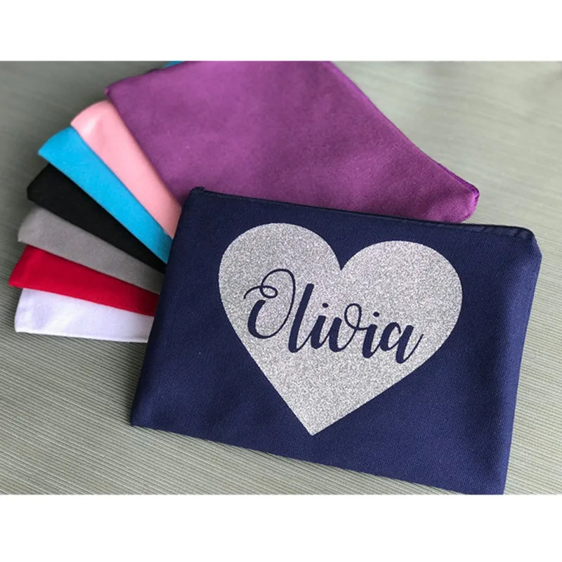 

Zippered pouch, personalised Makeup bag with heart and name, bridesmaid toiletry bag, maid of honour cosmetic bag, Birthday gift