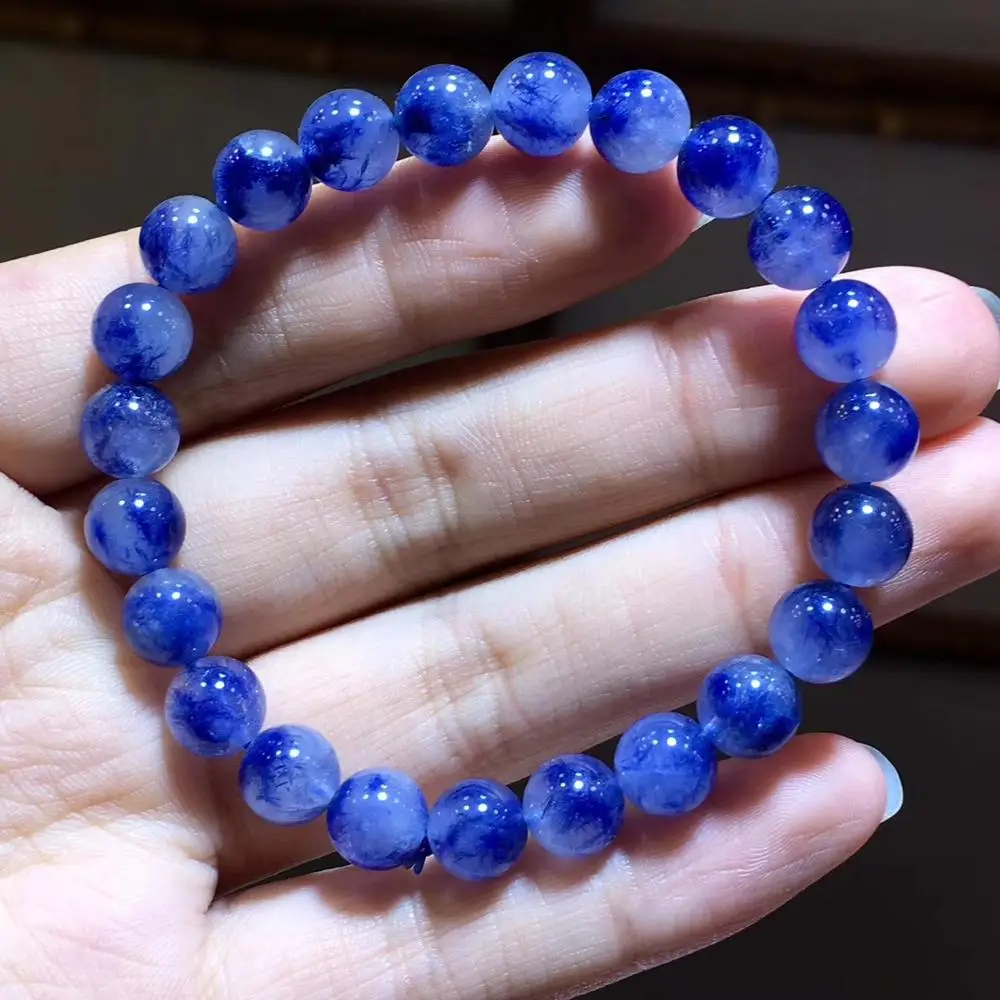 

Certificate Natural Blue Dumortierite Quartz Rutilated Crystal Women 8mm Clear Round Beads Stone Bracelet Jewelry AAAAA