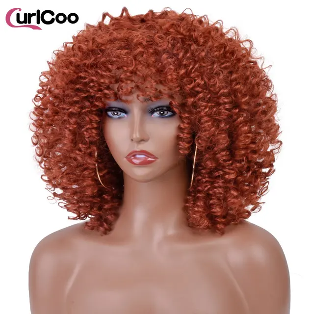 Short Afro Kinky Curly Wigs With Bangs For Black Women Synthetic Ombre Natural Heat Resistant Hair Brown Cosplay Highlight Wigs 350R