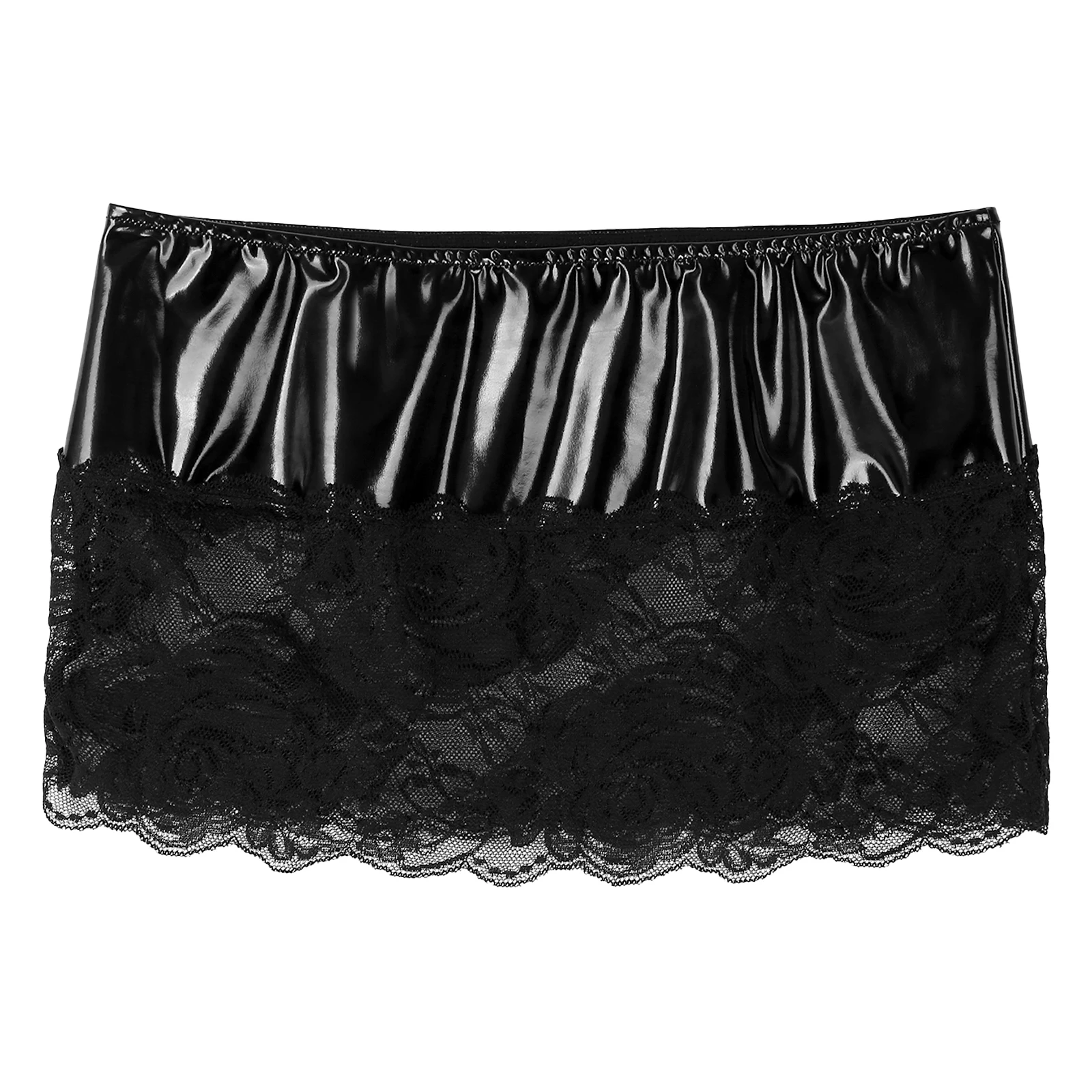 Women Sexy Sheer Lace Patent Leather Mini Skirt Low Rise Elastic Waist Skirt Rave Party Pole Dance Clothing Clubwear Nightwear