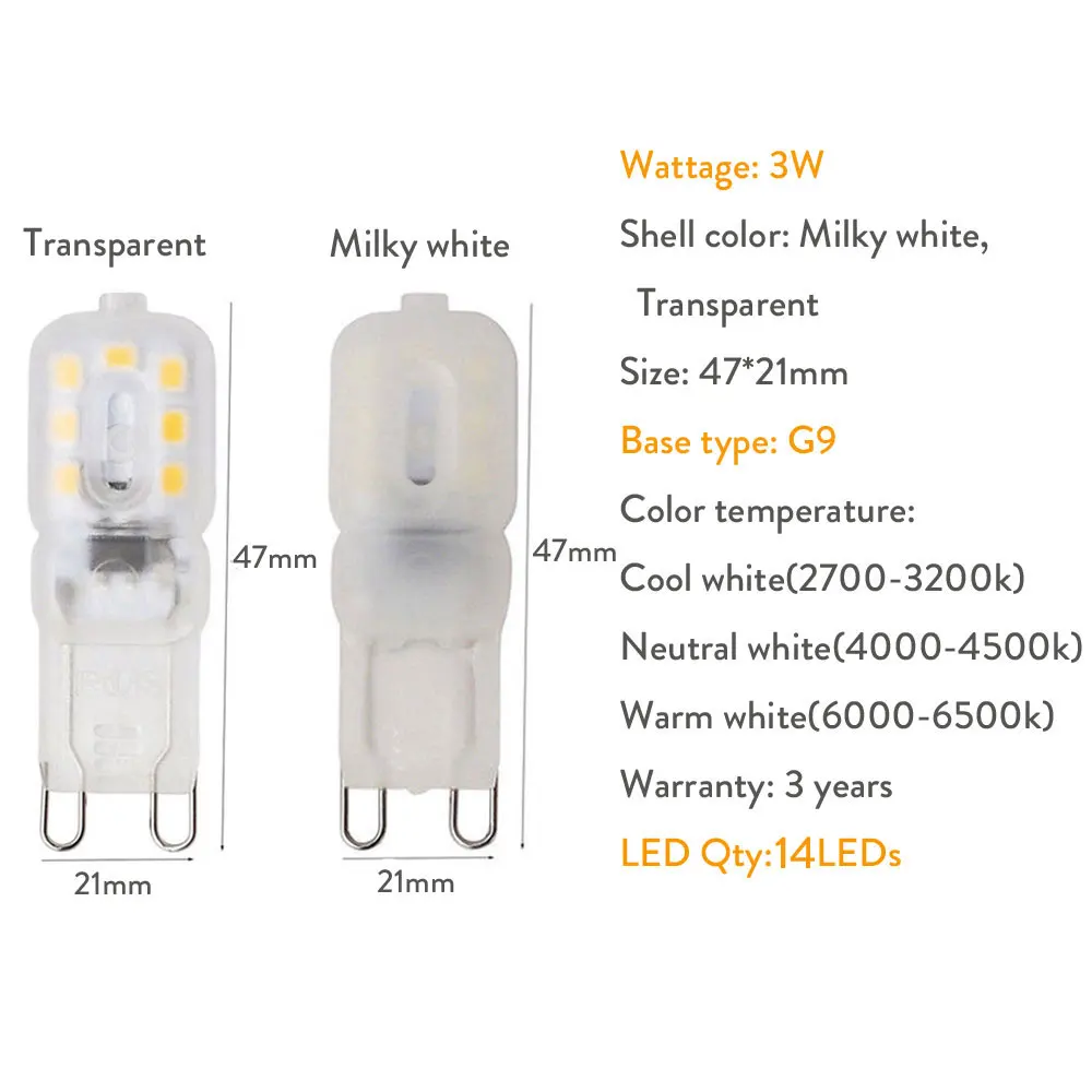 G9 밝기 조절 가능 LED 램프, 미니 LED 전구, 클리어 및 유백색 쉘 라이트, 360 ° 균일 조사, 3W, 14LED 스포트라이트, 110V, 220V, 10 개