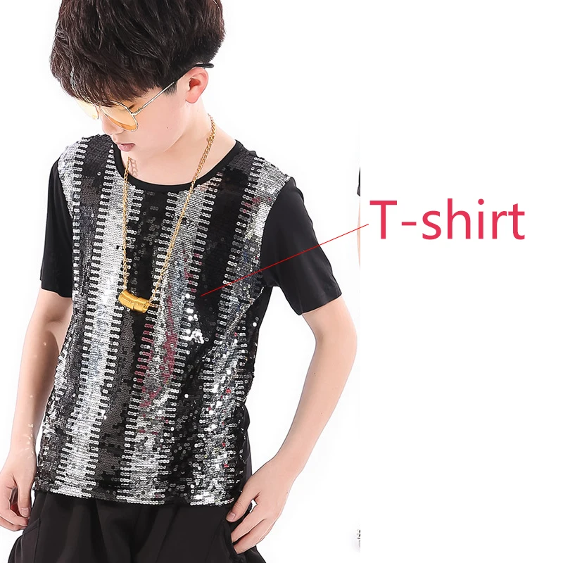Sliver T-shirt Одежда для детей, футболка с блестками для мальчиков, брюки с бахромой, комплект одежды для сцены, певец и ведущий костюм, одежда в стиле хип-хоп, DQS2777 - Цвет: Sliver T-shirt