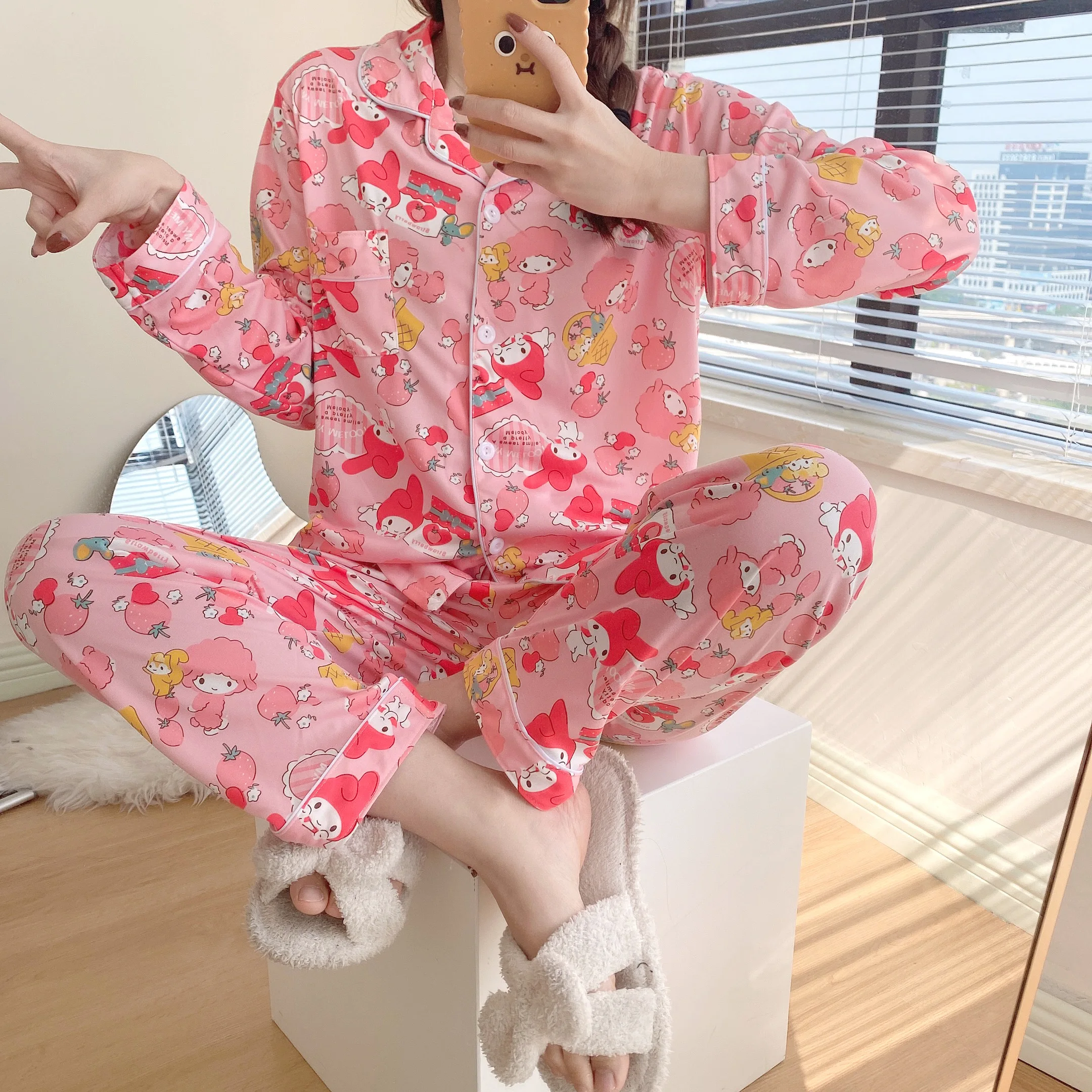 CAIYIER Winter Women Pajamas Suit Long Sleeve Trousers Lounge Lovely  Girls Cartoon Rabbit Loose Cardigan Sleepwear Homewear 2XL