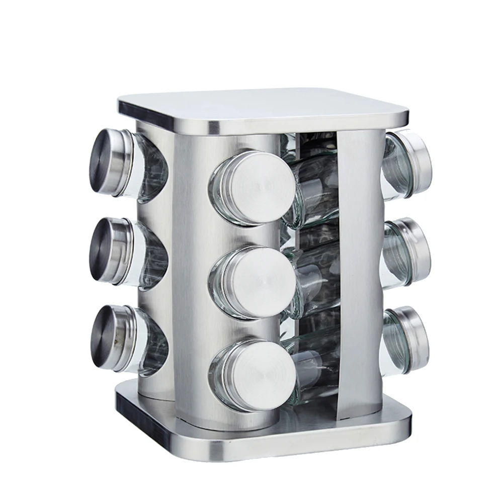 

Set of Spice Rack and 12 Jars Rotary Stainless Steel Seasoning Container Seasiong Holder Seasoning Jar for Cinnamon Salt Pepper
