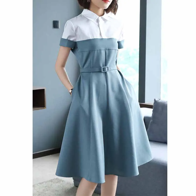 

2019 Summer Wear New Style Fashion Short Sleeve Joint Shirt Collar Skirt Slim Fit Waist Hugging Business Elegant Dress Hot Selli