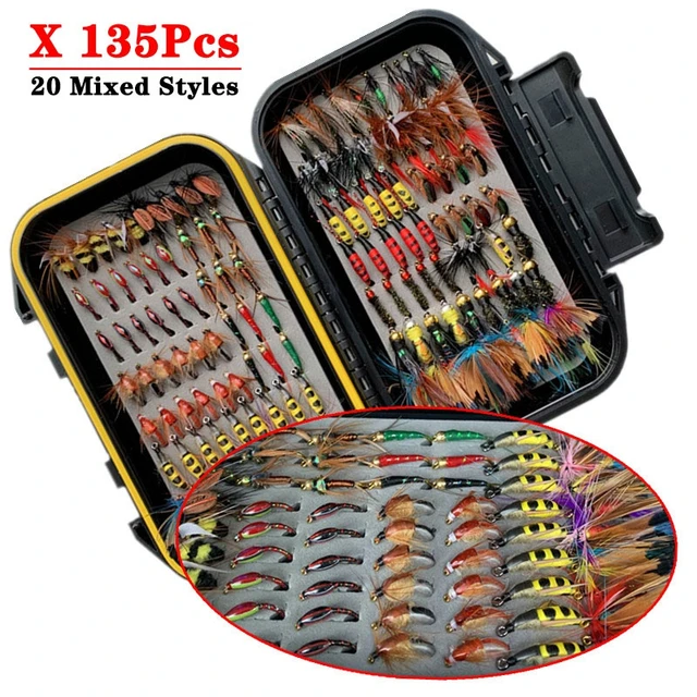 135Pieces/Box Fly Fishing Lure Box Set Wet Dry Nymph Fly Tying Material  Bait Fake Flies