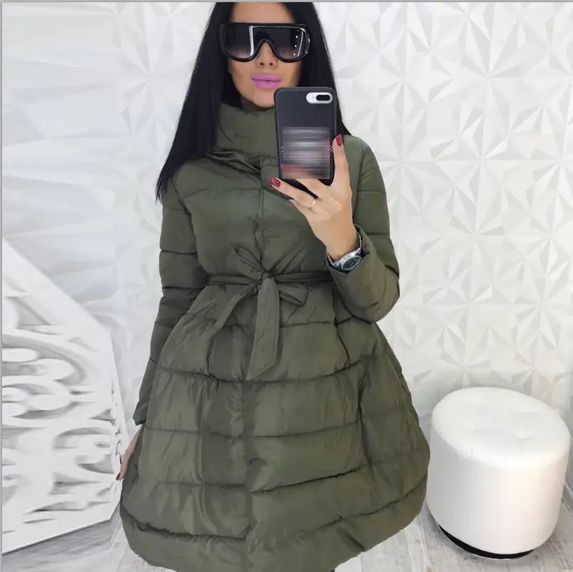 Army green Зимнее пальто, женская юбка, парка, модная, с бантом, на талии, средней длины, со стоячим воротником, с хлопковой подкладкой, теплая куртка, Chaqueta Mujer Invierno - Цвет: Army green