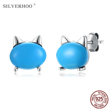 

SILVERHOO Earrings Silver Sterling 925 Cute Cat Turquoise Animal Stud Earrings For Women Korean TV Star Elegant Jewelry Gifts