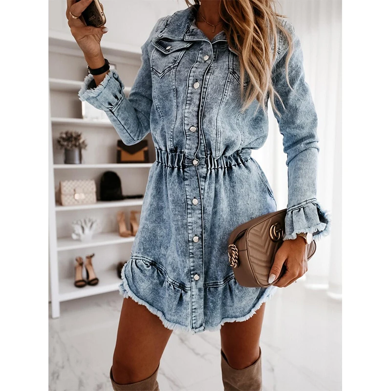 

Women Denim Elastic Waist Long Sleeve Dress Autumn Turn-Down Collar Solid Button High Waist Pockets Plus Size Mini Jeans Dresses