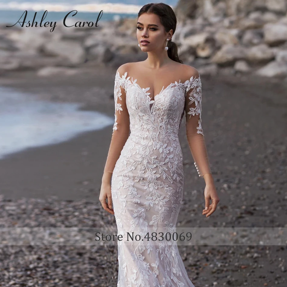 Ashley Carol Mermaid Wedding Dress 2023 Romantic Backless Appliques Long Sleeve Sweetheart Beach Bridal Gown Vestidos De Novia