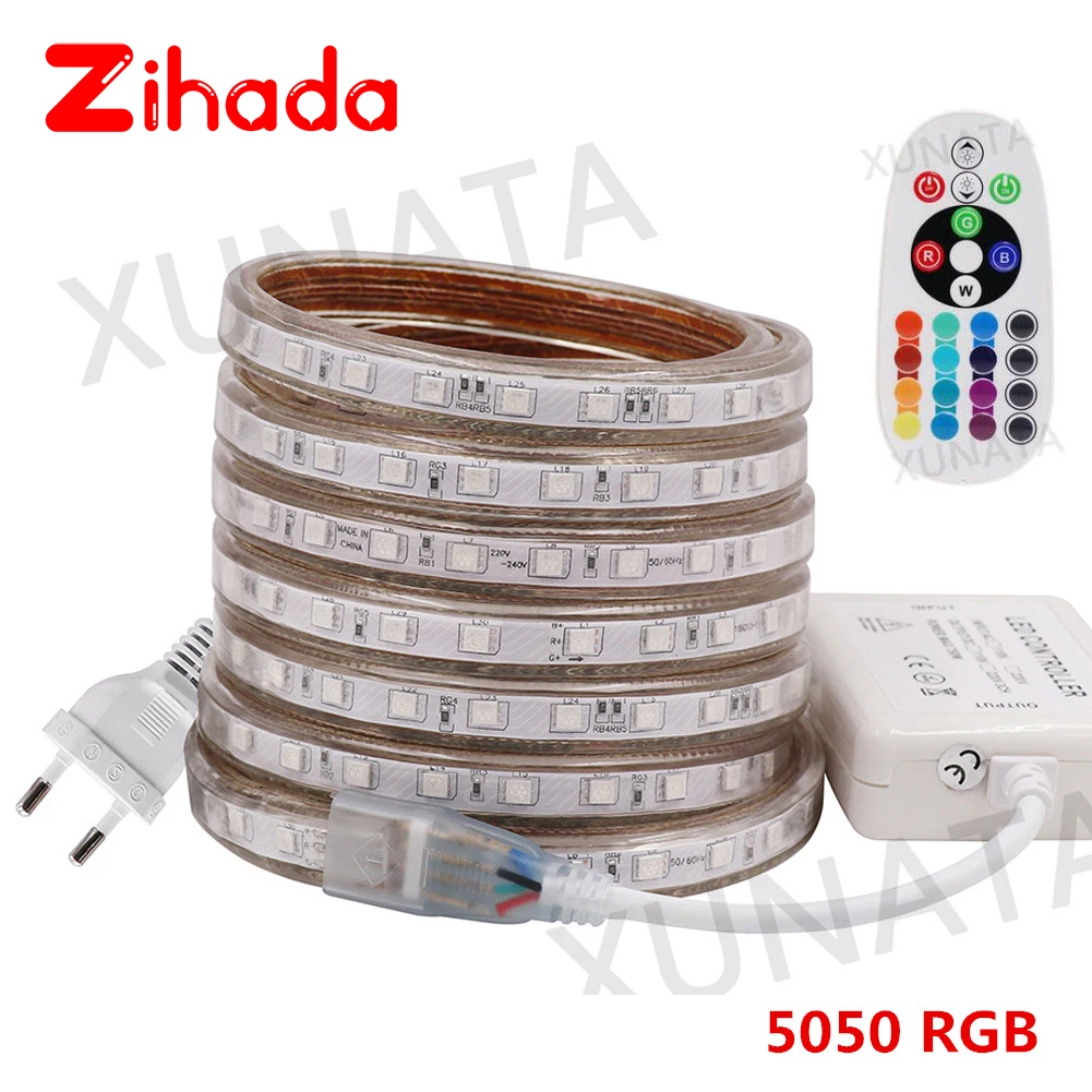 #Best 5050 RGB LED Light Strip 220V Dimmable Waterproof 60 LEDs m Flexible Tape LED Strip Lamp With 24 Key Remote For Home Decoration