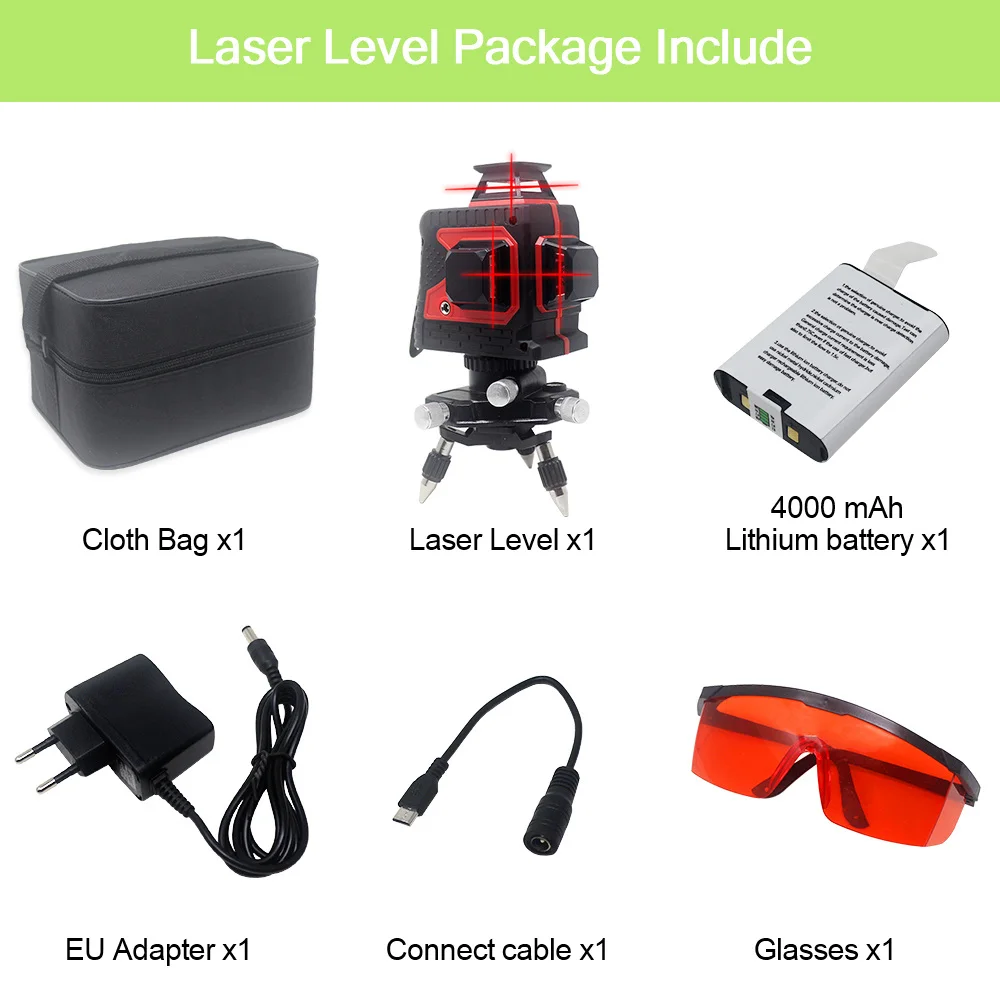 Красный, зеленый, 12 линий, 3D лазерный уровень, 360 градусов, поперечный уровень, измерительные приборы для строительных инструментов со штативом - Цвет: Red Laser