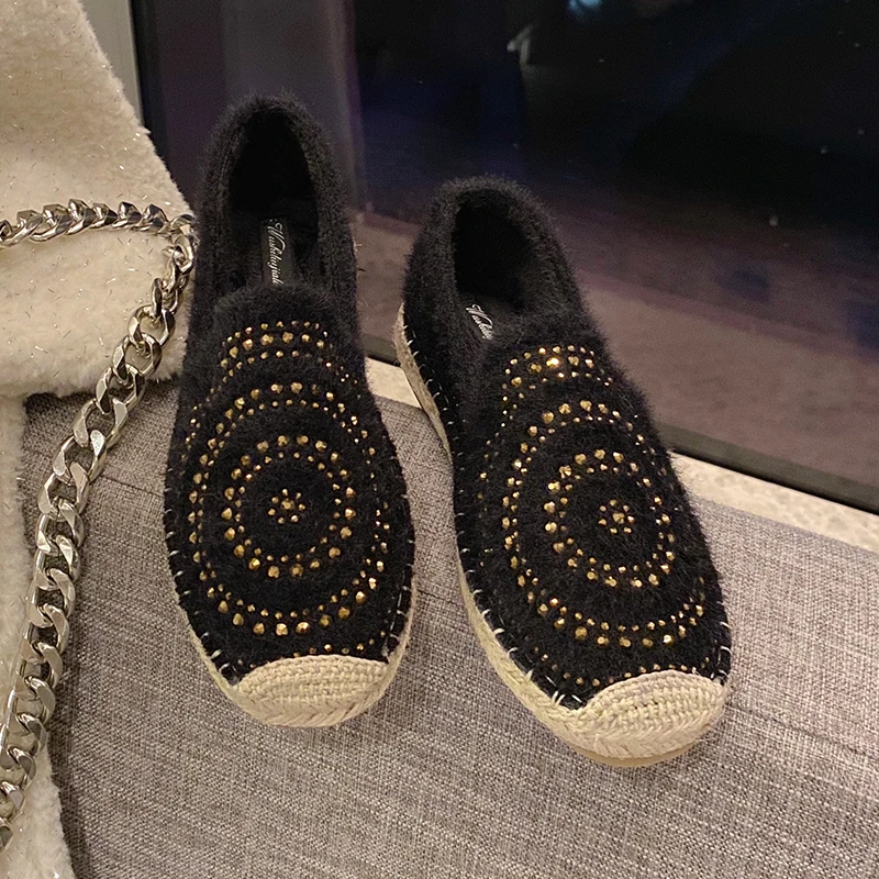 Fashion Hemp Loafers Women Espadrilles Flats Shoes Sewing Rhinestone Round Toe Ladies Casual Moccasins Slip On Brand Style New - Цвет: 91Black