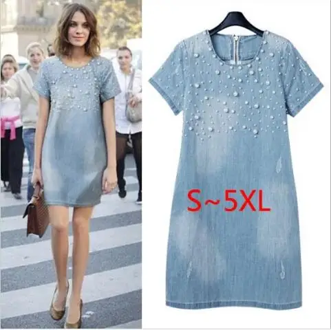 Vestidos Plus Size XL - 5XL Women T Shirt Dress Jeans 2020 Beaded Denim Black And Pink Dresses Female Big Clothing Sale W12 | Женская